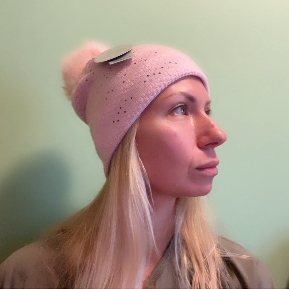 Women’s Pink Beanie Hat with Pompon and Rhinestones